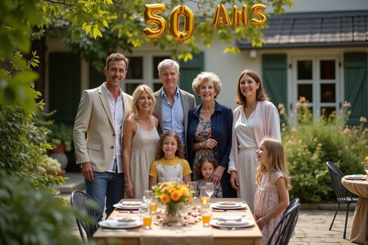 Famille réunie dans un jardin pour fêter les 50 ans de mariage des grands-parents avec des décorations dorées