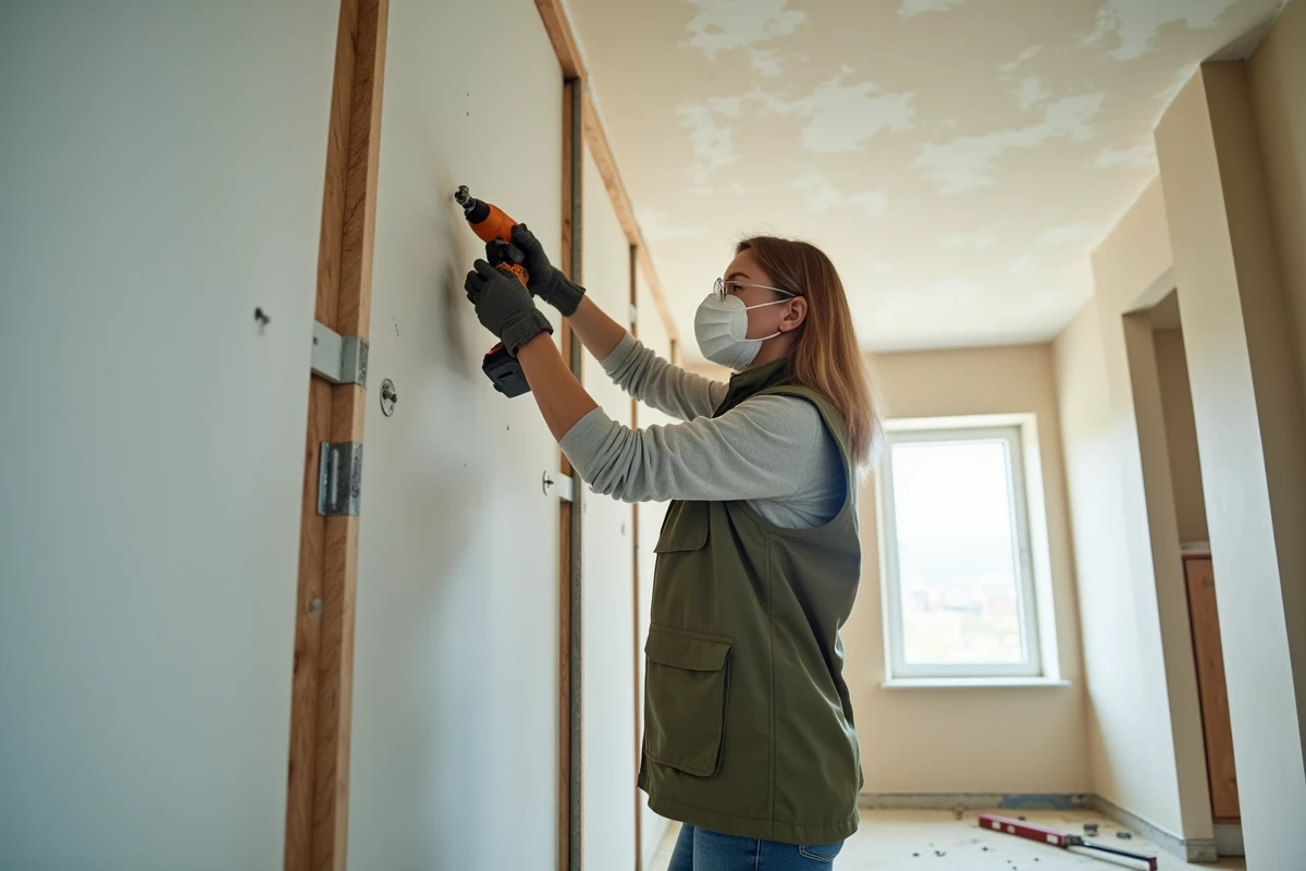 Femme fixant une plaque de placo sur une ossature métallique à l'aide d'une visseuse sans fil dans un appartement en rénovation