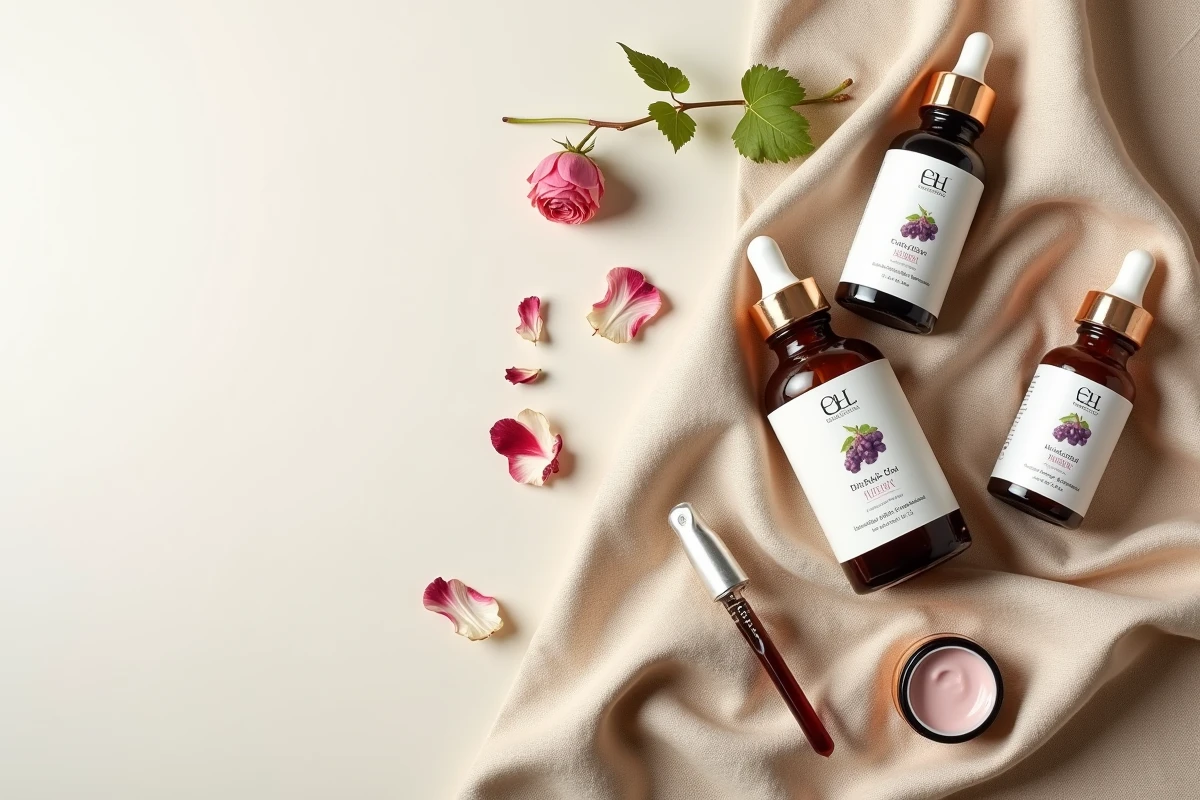 Flat lay de produits de soin naturels avec flacons en verre et pétales séchés, univers Caudalie et Nuxe