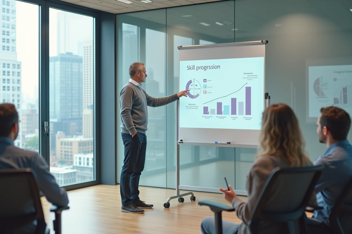 Formateur masculin présentant un module de compétences professionnelles sur tableau interactif lors d'une session de formation Avenir Conseil