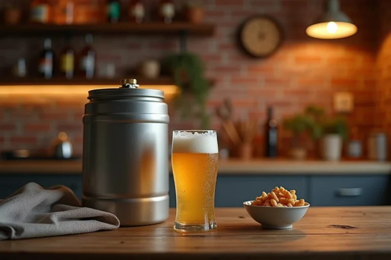 Fût de panaché 5L posé sur un comptoir de cuisine rustique entouré de verres condensés lors d'une soirée conviviale