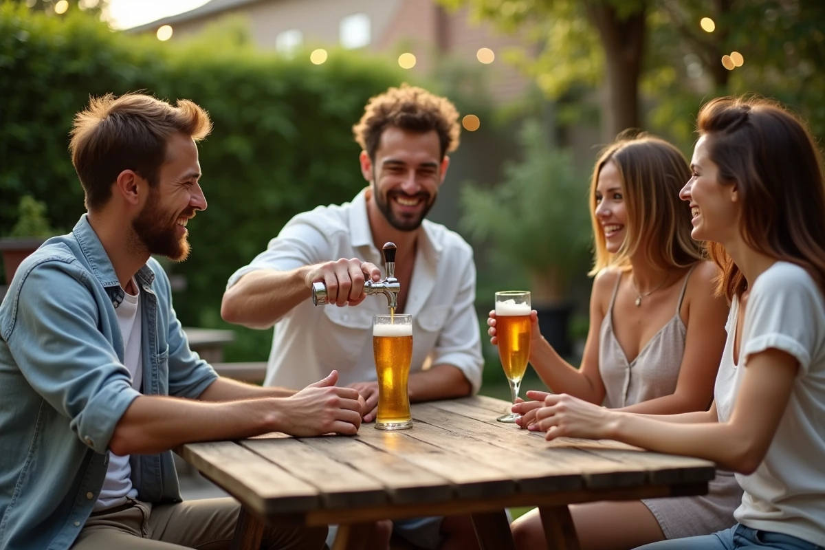 Groupe d'amis versant du panaché depuis un fût 5L lors d'une soirée en terrasse estivale sans gaspillage