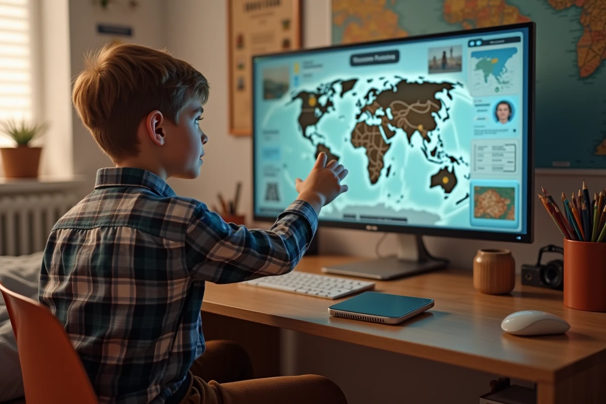 Garcon regardant un moniteur avec une visite virtuelle
