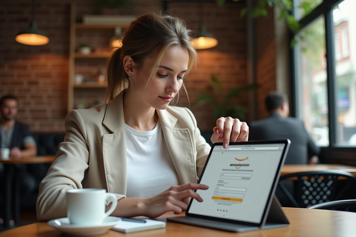 Jeune femme gérant ses commandes Amazon cachées sur une tablette dans un café urbain