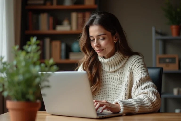 Femme consultant son historique de commandes Amazon sur un ordinateur portable dans un bureau à domicile