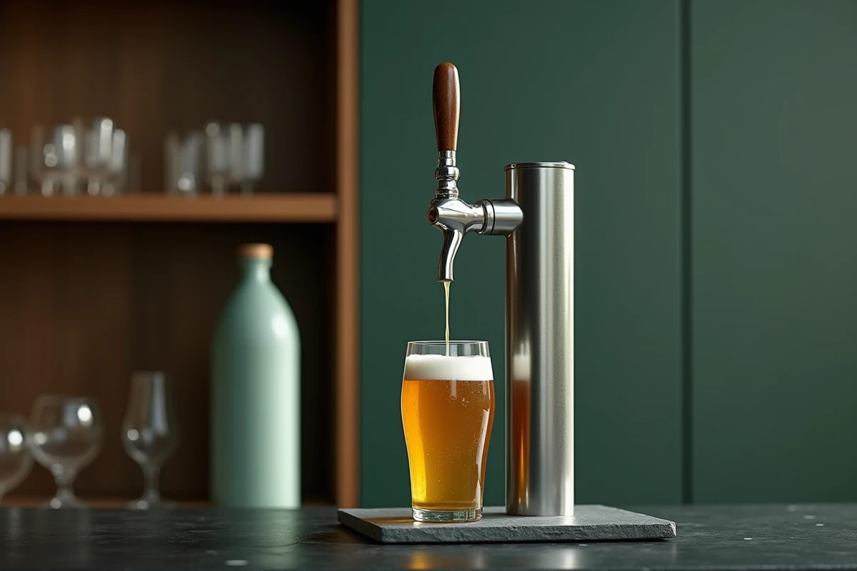 Gros plan sur le robinet d'un fût de panaché 5L avec un verre de bière panaché doré sur un comptoir en ardoise, concept zéro gaspillage