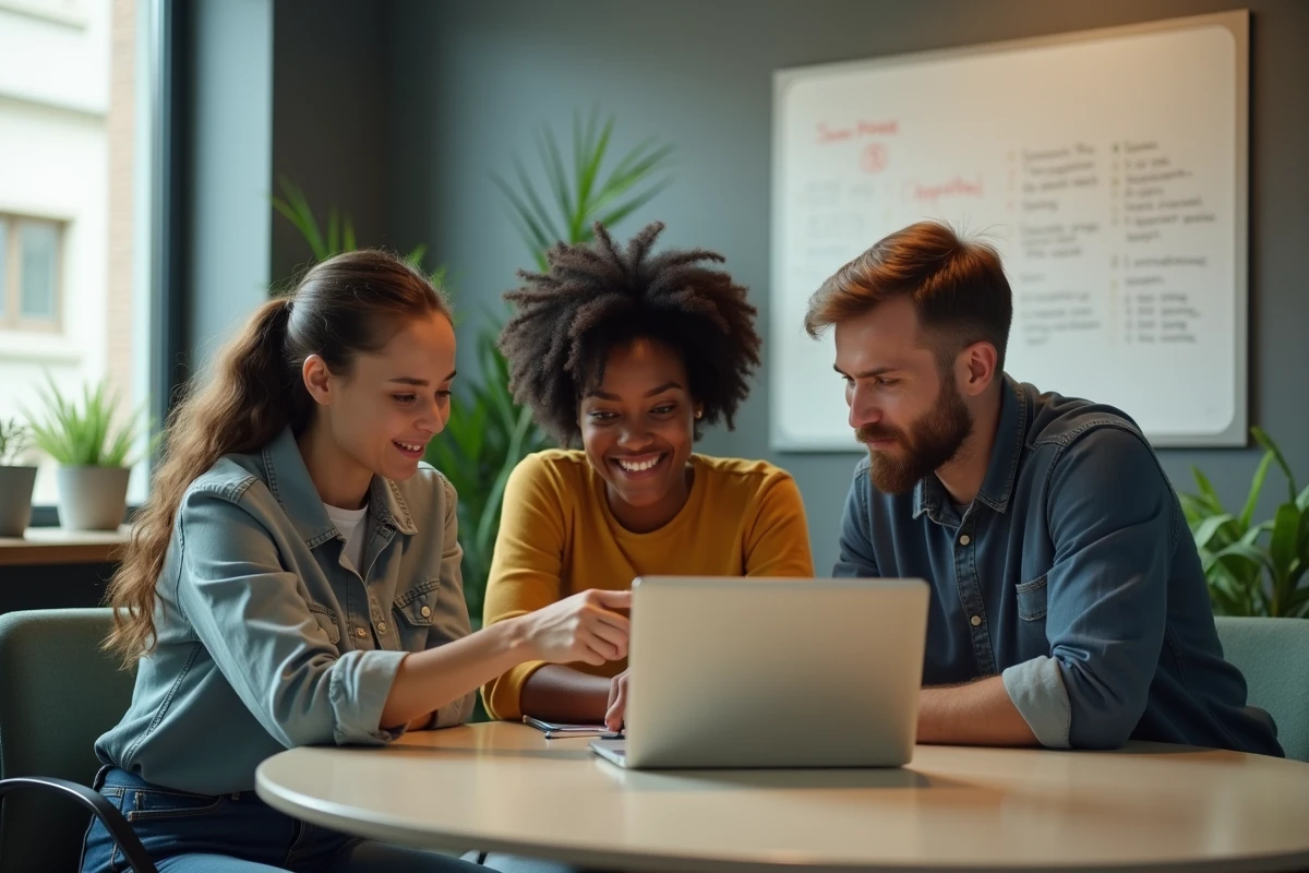 Groupe de professionnels collaborant autour d'une plateforme de formation en ligne dans une salle de réunion moderne