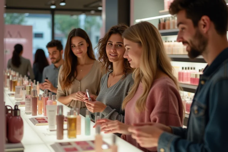 Jeunes femmes et hommes découvrant des produits de beauté en magasin