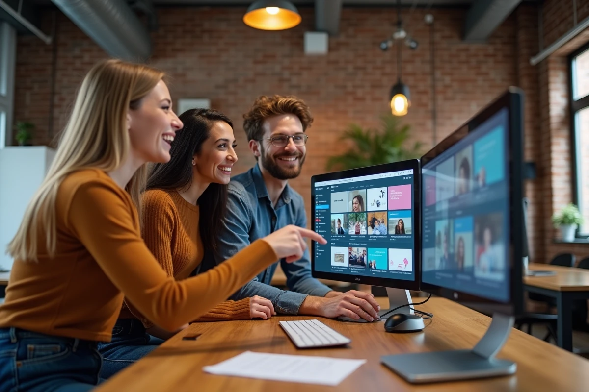 Groupe de jeunes professionnels explorant ensemble une plateforme vidéo innovante dans un espace de coworking