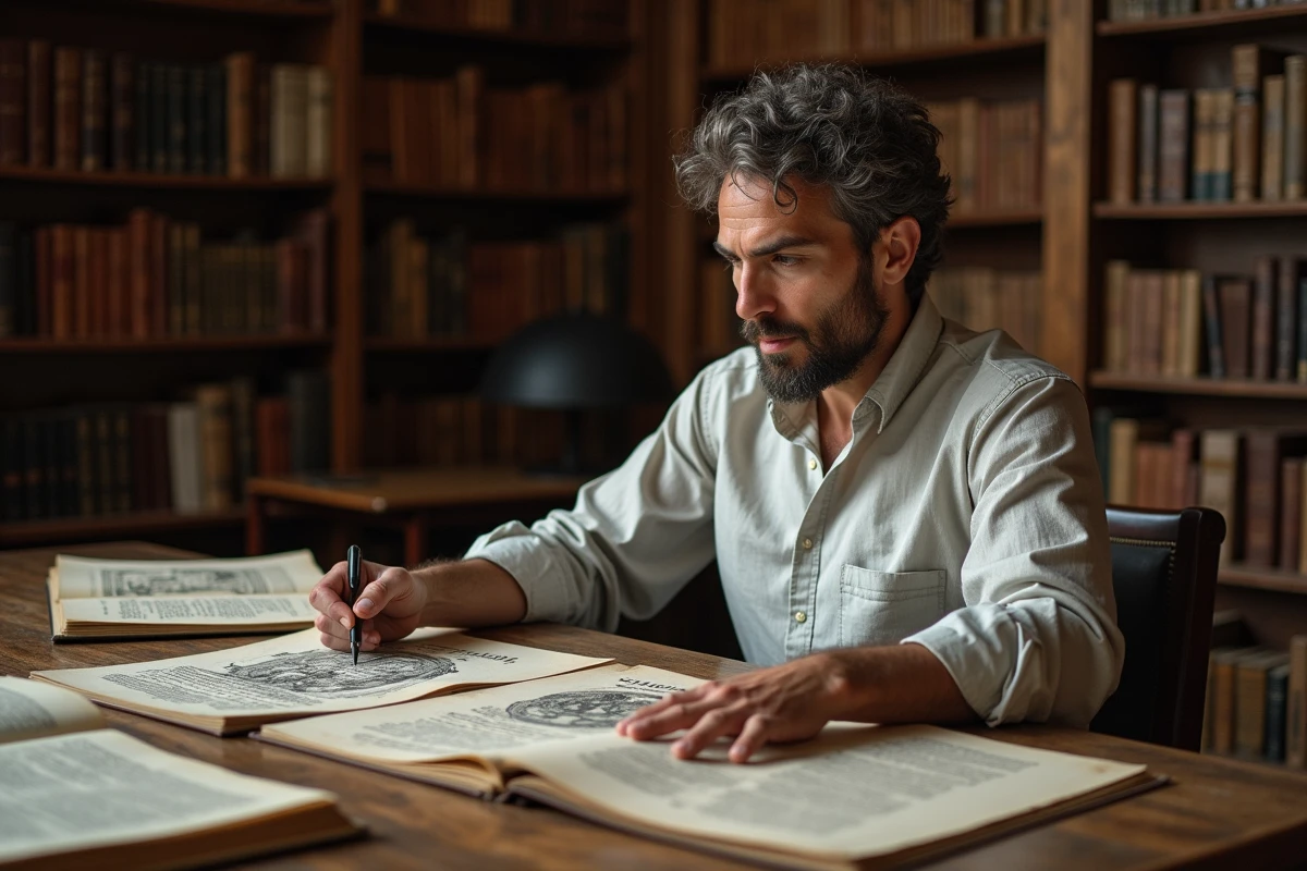 Historien examinant des reproductions d'affiches commerciales médiévales dans une bibliothèque universitaire, illustrant la recherche sur l'histoire de la publicité avant l'ère moderne