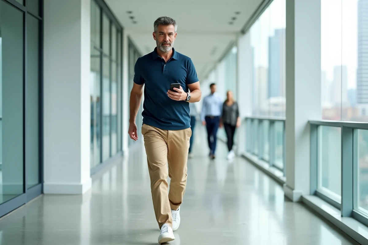 Homme consultant une application de comptage de pas sur smartphone dans un couloir de bureau moderne