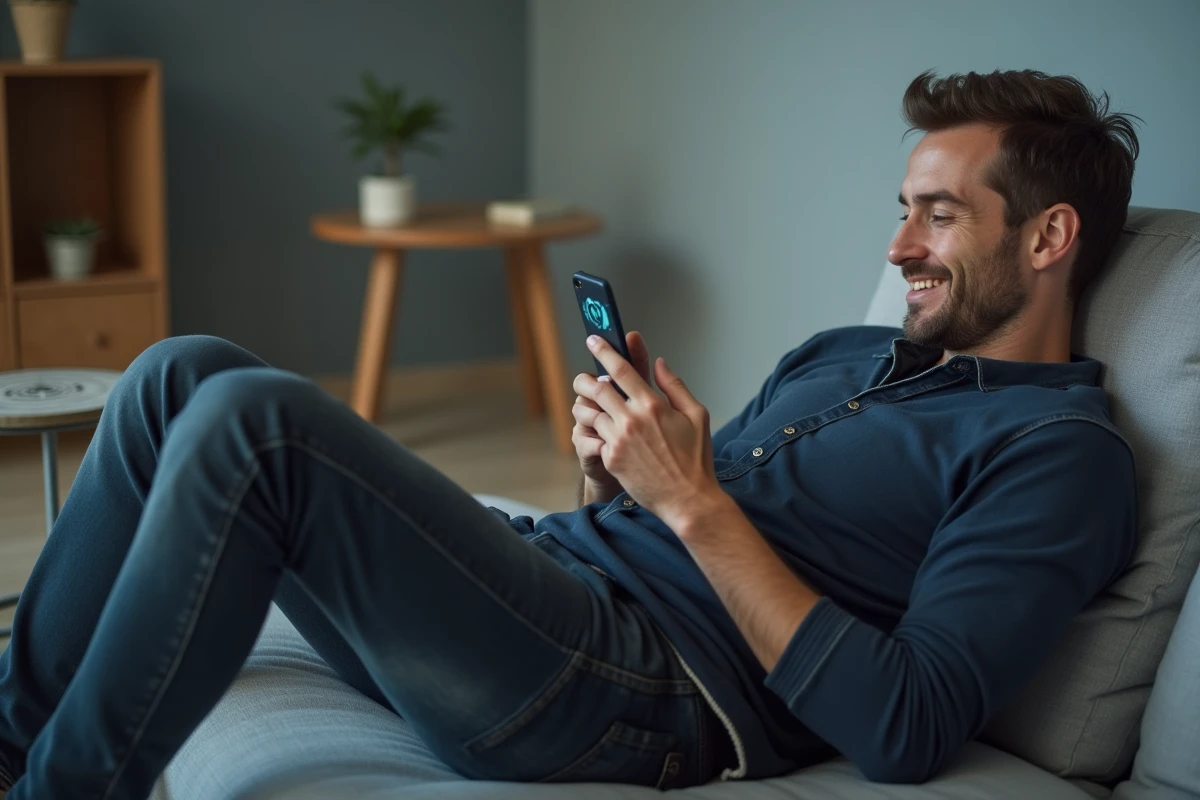 Homme détendu sur un canapé consultant une nouvelle application de streaming vidéo sur smartphone