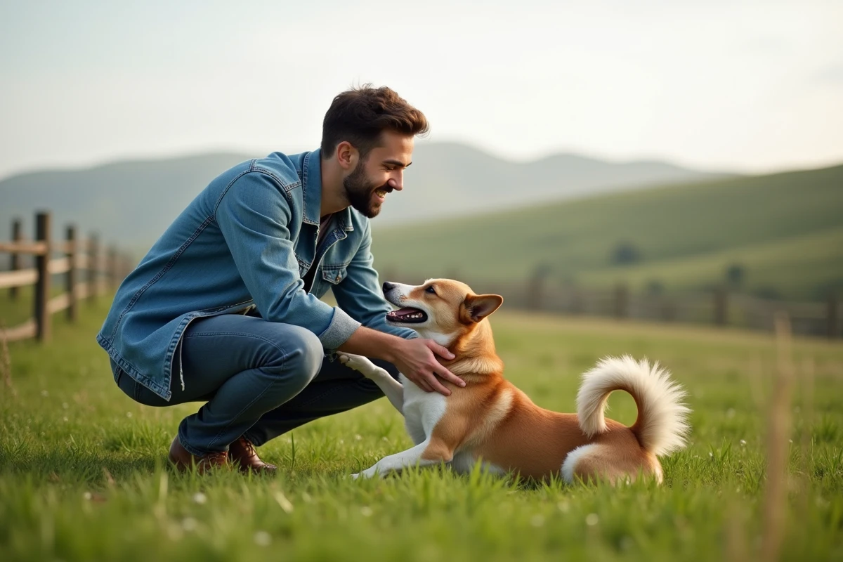 Jeune homme agenouillé dans une prairie verte caressant son chien croisé avec complicité