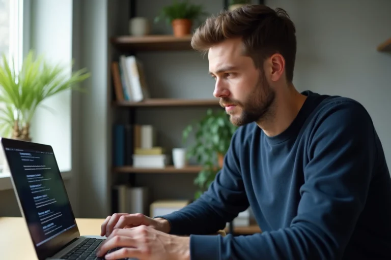 Homme consultant une liste de nouvelles adresses web sur un ordinateur portable dans un bureau à domicile moderne