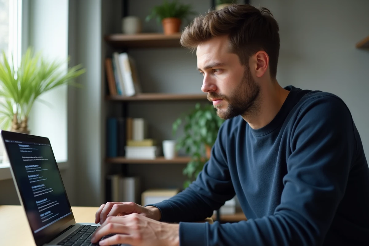 Homme consultant une liste de nouvelles adresses web sur un ordinateur portable dans un bureau à domicile moderne
