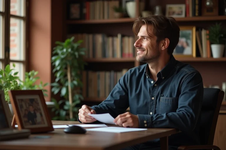 Homme dans son bureau familial avec photos et livres