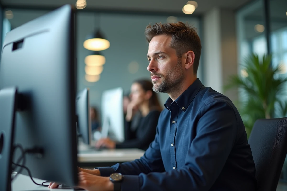 Homme lisant un email de réponse de Cetelem dans un bureau professionnel en open space