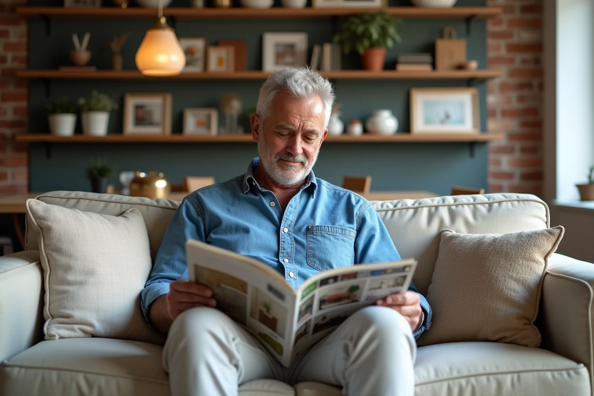 Homme en denim lisant des magazines dans un salon moderne