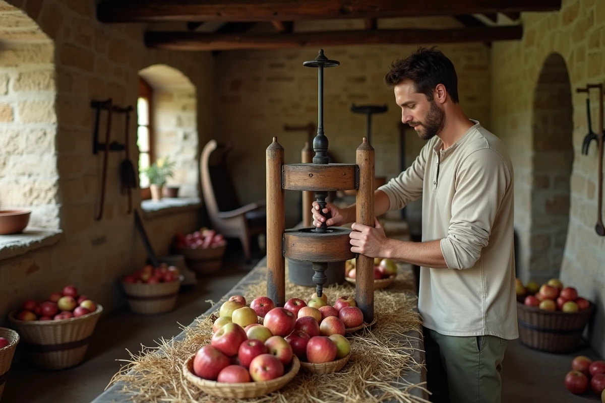 Homme utilisant un pressoir à cidre traditionnel en bois dans une grange normande, loisir agricole artisanal en France