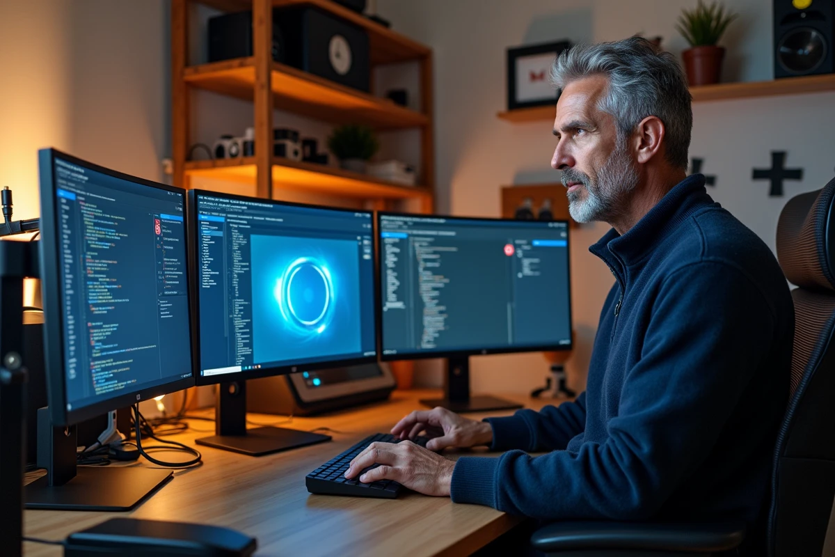 Homme travaillant sur plusieurs écrans ultra-larges avec des tableaux de bord IA et outils technologiques avancés dans un home lab 2024