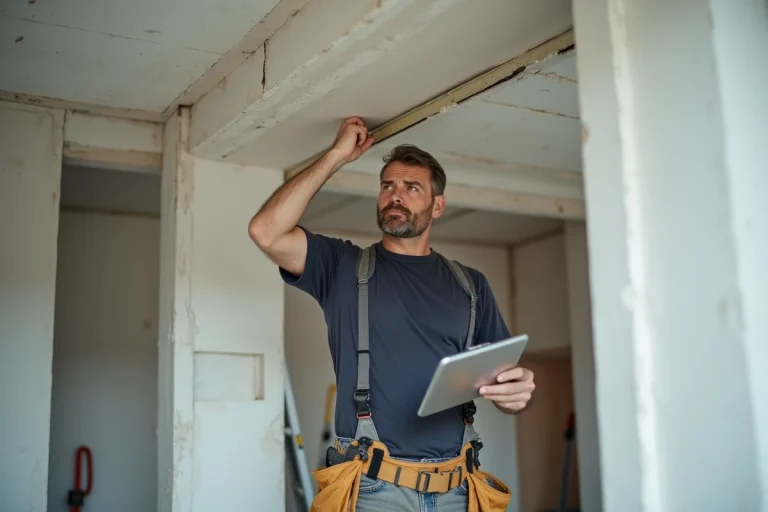 Ouvrier inspectant un plafond en placo dans un appartement