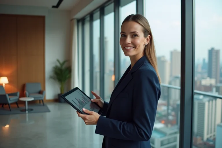 Femme professionnelle tenant une tablette avec des graphiques immobiliers dans un appartement moderne avec vue sur la ville