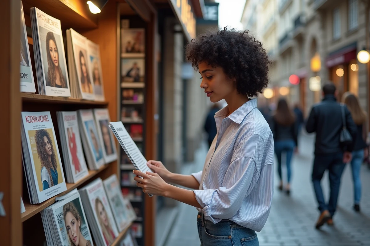 Jeune femme choisissant des magazines féminins à un kiosque de presse en ville