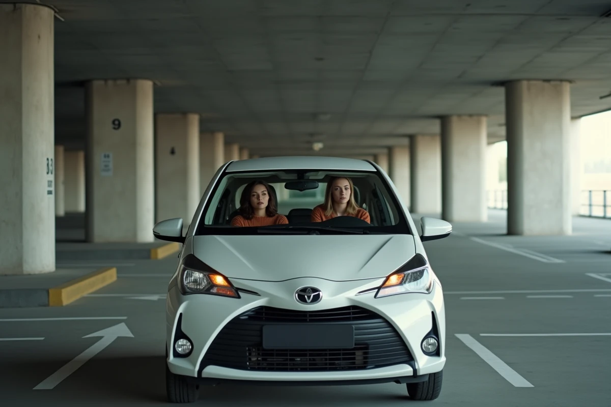 Jeune femme garée dans un parking urbain avec une petite voiture, illustrant les avantages du bonus petit rouleur MAIF