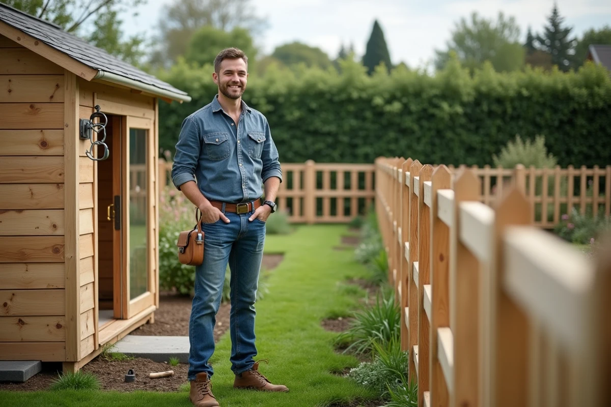 Jeune homme vérifiant une cloison en bois dans le jardin