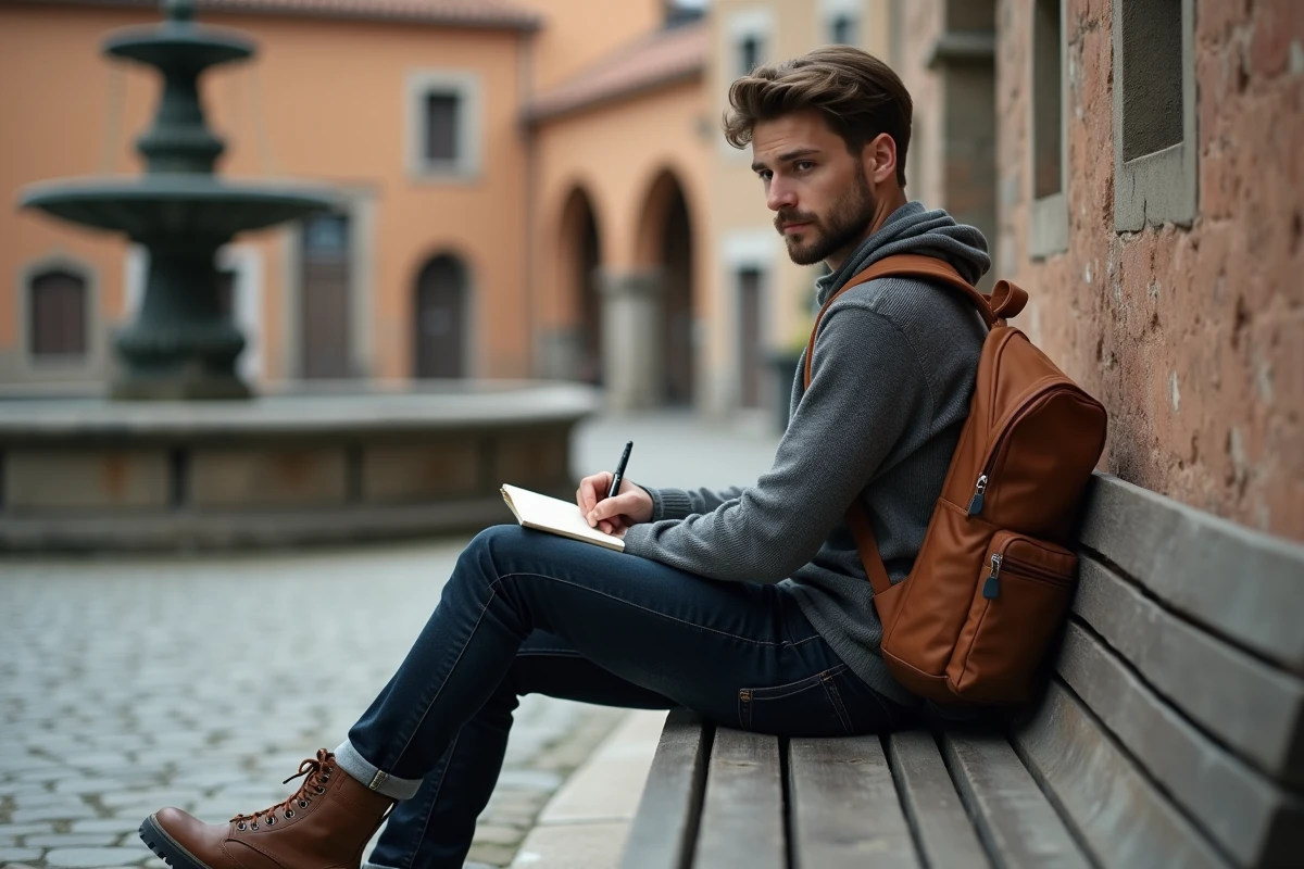Jeune homme écrivant dans un carnet de voyage sur une place pavée avec fontaine en pierre et architecture méditerranéenne