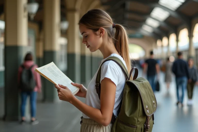 Jeune voyageuse consultant une carte papier sur un quai de gare européenne avec un sac à dos en toile verte