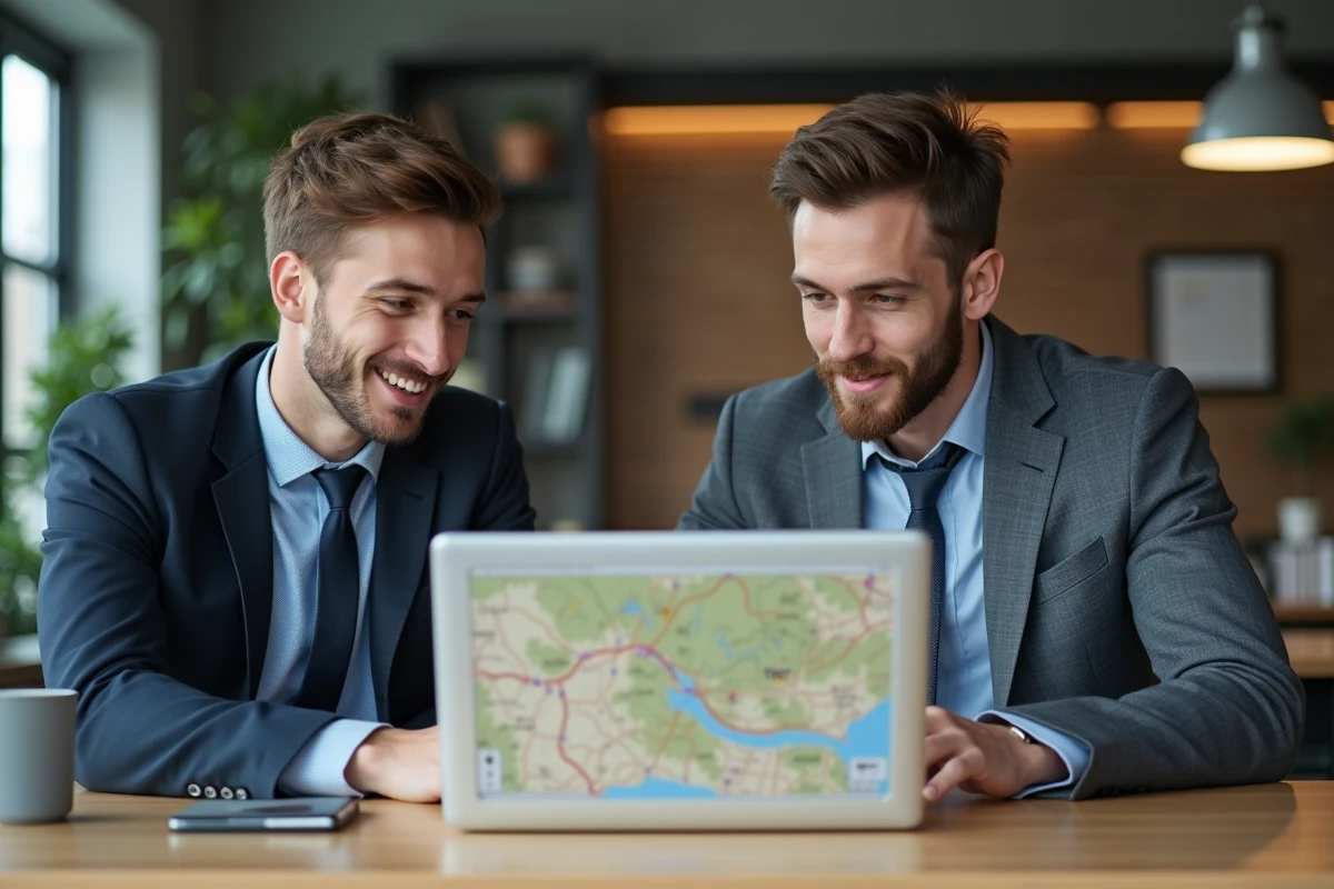 Deux jeunes hommes discutant devant un ordinateur avec carte