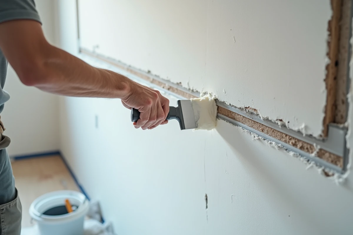 Gros plan sur des mains appliquant de l'enduit de jointoiement sur les joints entre deux plaques de placo avec une bande de renfort en fibre de verre