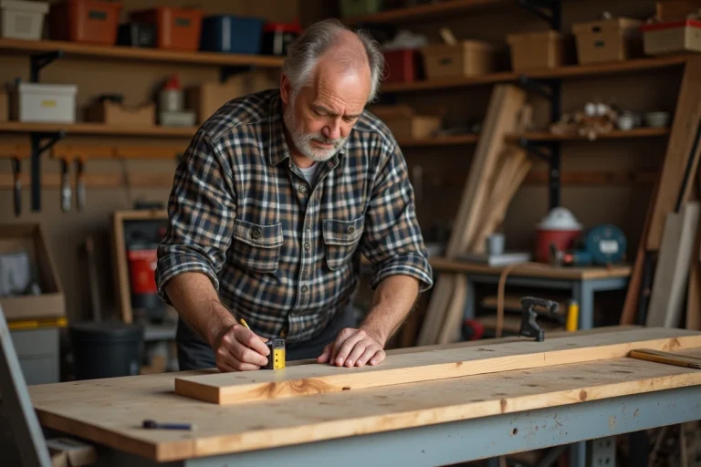 Homme mesurant un bois dans un atelier organisé