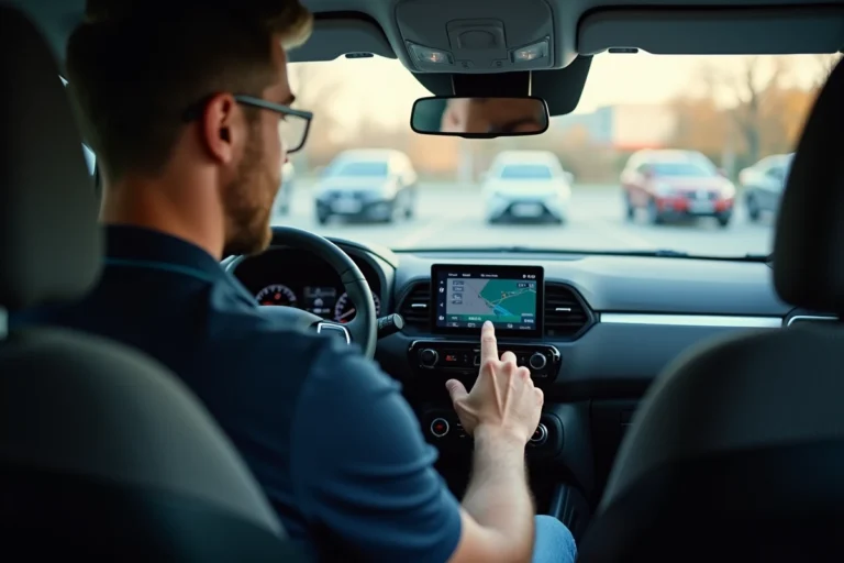 Homme mettant à jour le GPS d'une Citroën C3 Aircross via l'écran tactile du tableau de bord