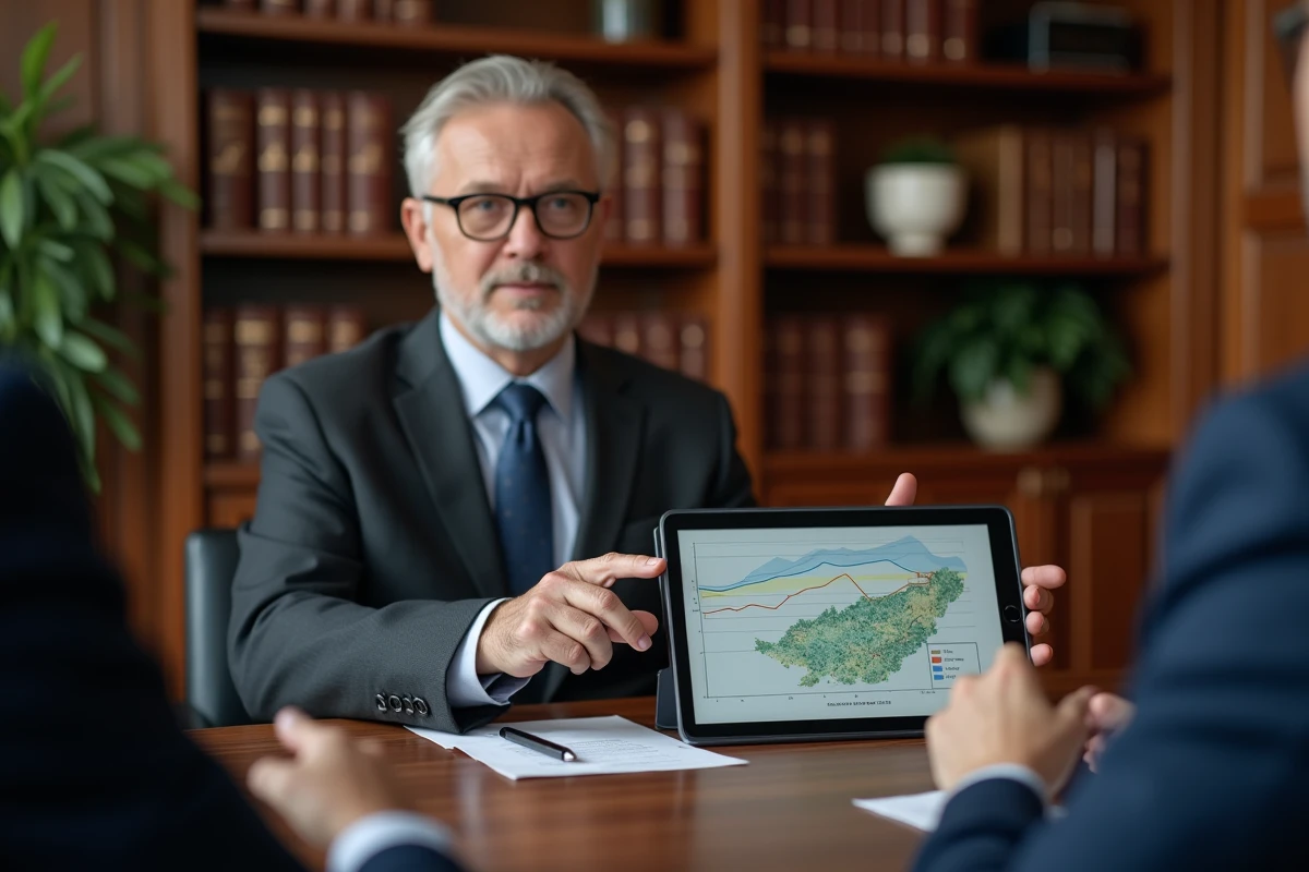 Notaire immobilier présentant les tendances du marché sur tablette numérique lors d'un conseil client