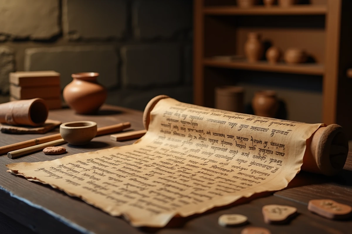 Parchemin papyrus ancien avec inscriptions manuscrites représentant une forme primitive de message commercial, évoquant les premières traces de publicité dans l'Égypte antique