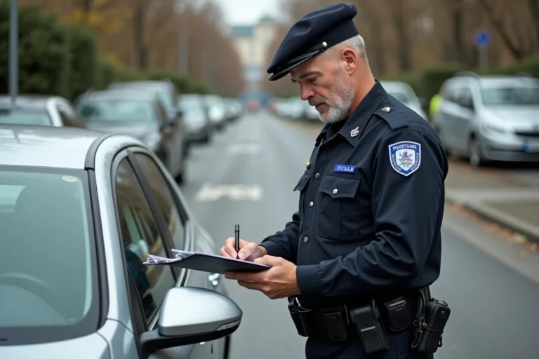 Policier en uniforme examinant une voiture garée dans un parking urbain lors d'un constat de vol de véhicule
