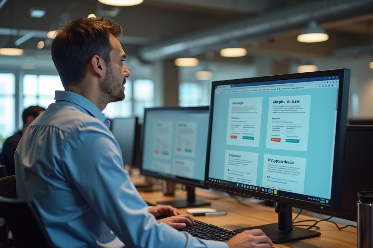 Professionnel masculin consultant des adresses web actualisées sur un grand écran dans un bureau en open space