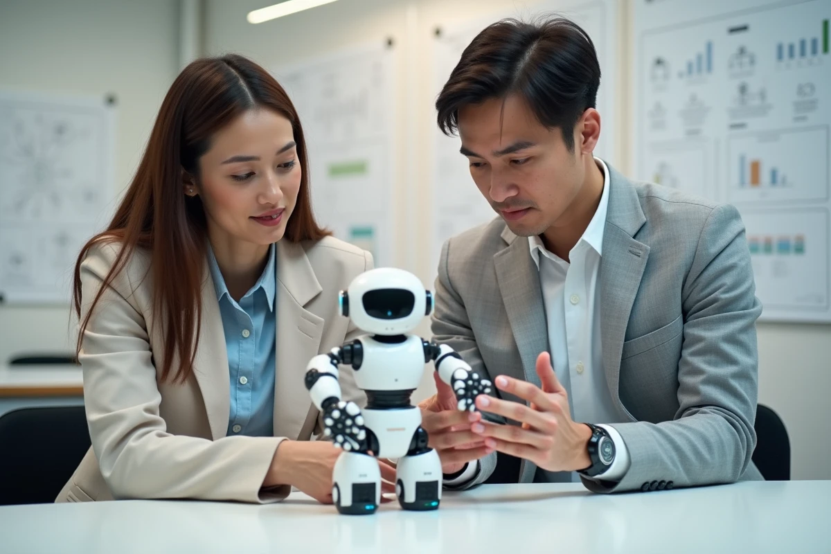 Deux professionnels examinant un prototype de robot humanoïde dans un laboratoire d'innovation technologique en 2024