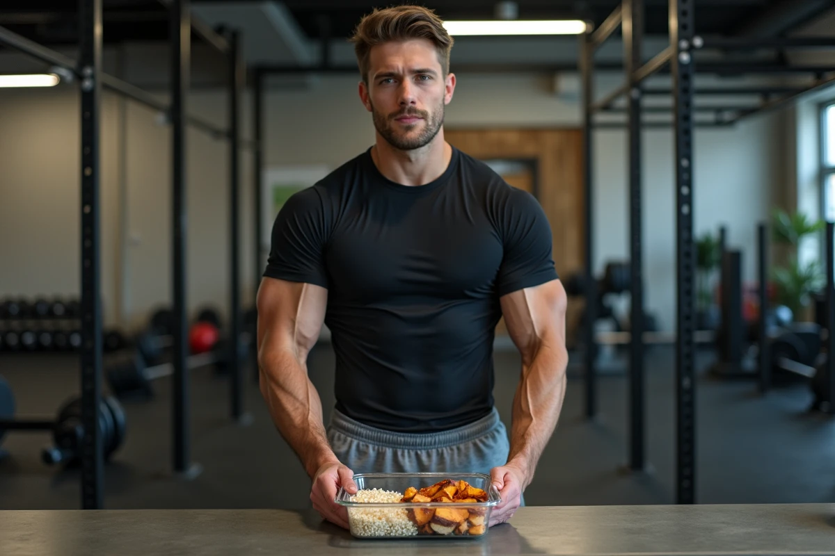 Athlète masculin préparant un repas pré-entraînement riche en glucides complexes avec riz et patate douce dans une salle de sport