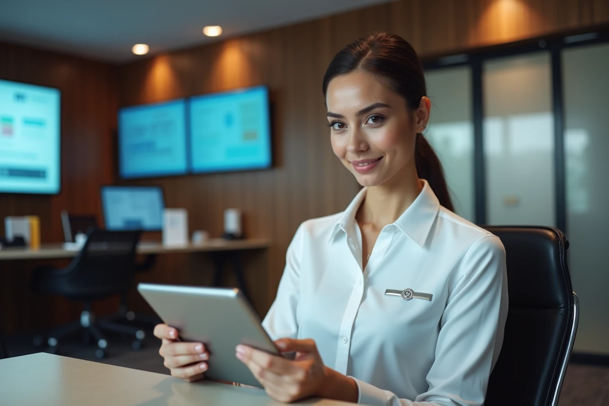 Représentante Air France consultant l'intranet IPN sur une tablette dans un espace dédié aux employés