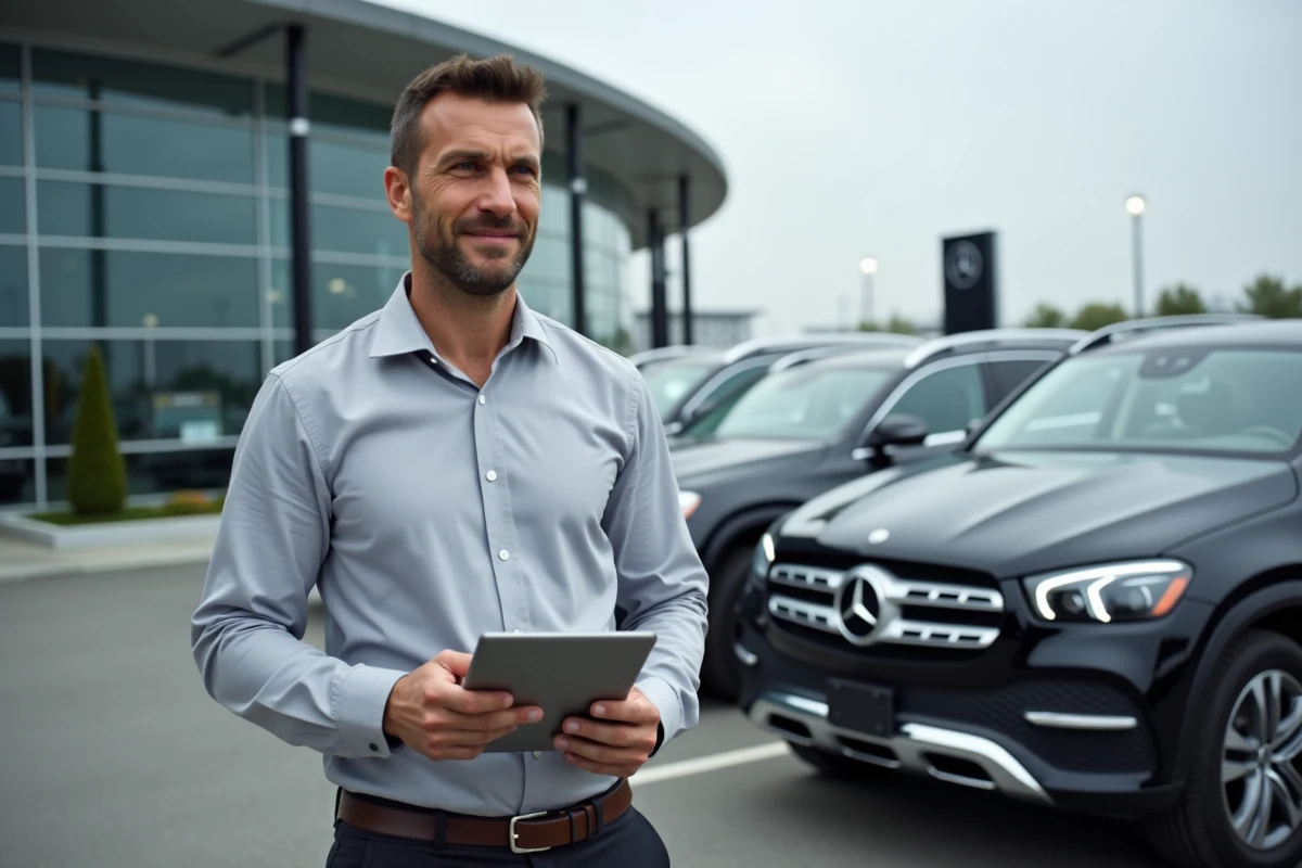 Responsable commercial Mercedes inspectant un stock de SUV neufs dans le parking d'une concession automobile moderne
