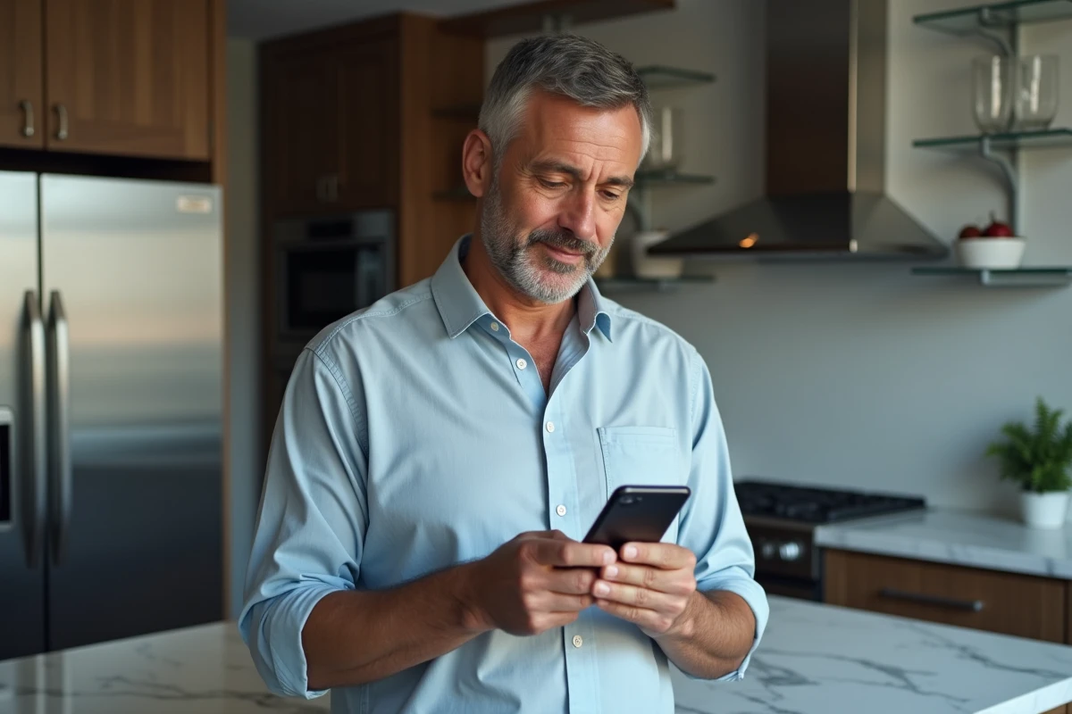 Homme recherchant ses commandes Amazon archivées sur son smartphone dans une cuisine moderne