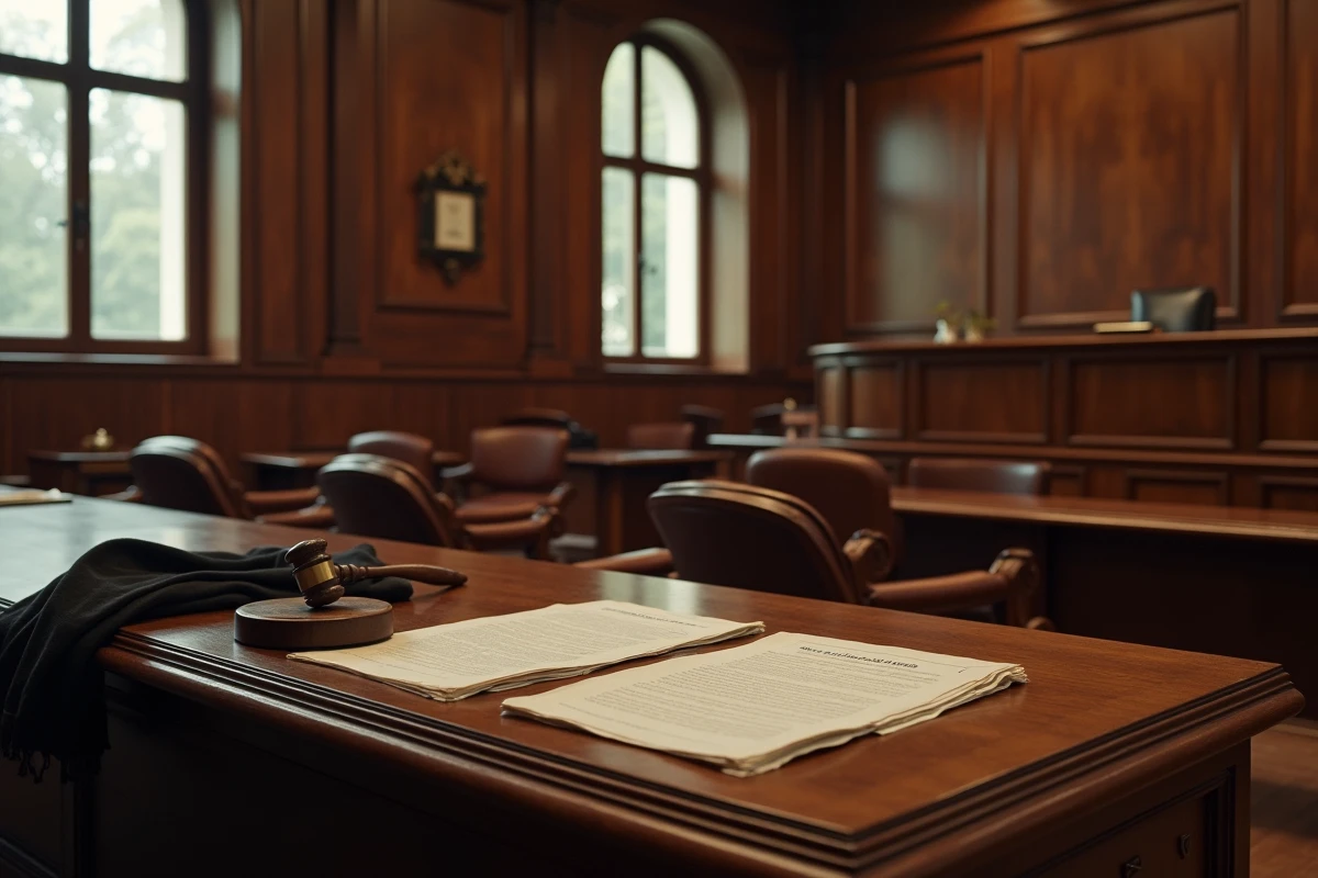 Salle d'audience d'un tribunal français avec bureau du juge et documents juridiques évoquant les sanctions légales pour vol de voiture