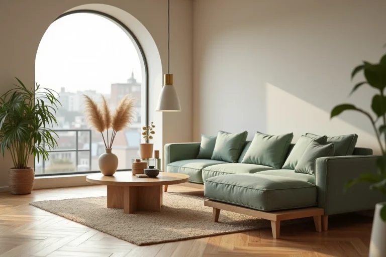 Salon moderne et chaleureux avec canapé en lin vert sauge, table basse en chêne brut et mur en stuc blanc cassé dans un appartement contemporain