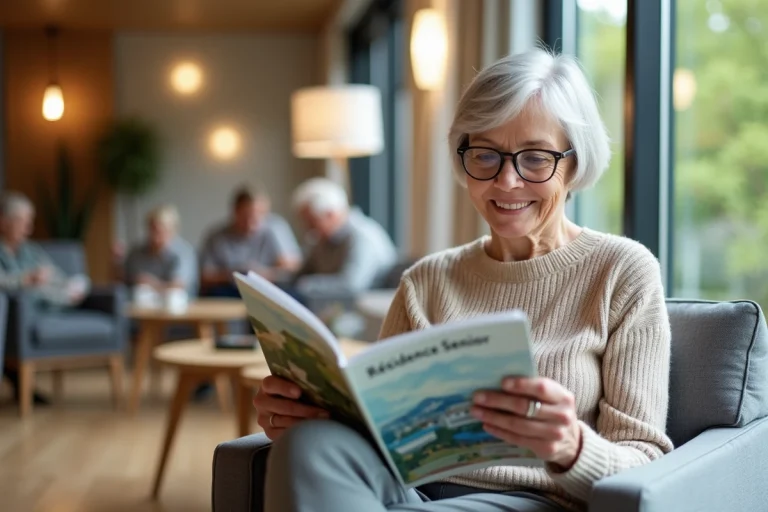 Femme senior souriante dans un salon confortable