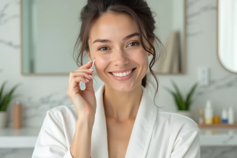 Femme appliquant un sérum de soin visage dans une salle de bain minimaliste, comparatif Caudalie et Nuxe