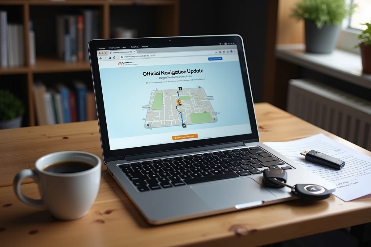 Ordinateur portable affichant le site de téléchargement de mise à jour GPS Citroën avec une clé USB et des clés de voiture sur un bureau en bois
