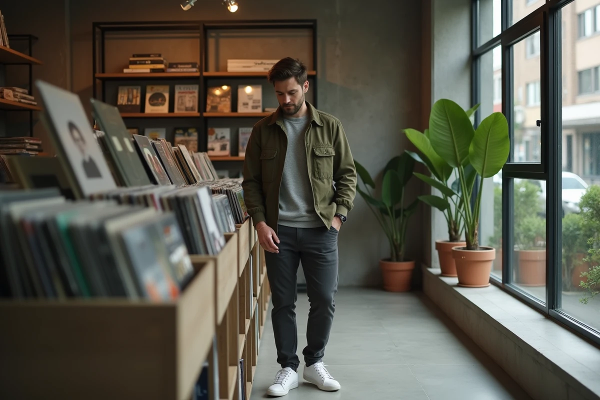 Homme en veste utilitaire olive feuilletant des vinyles dans une boutique lifestyle urbaine au décor béton brut, style tendance 2024